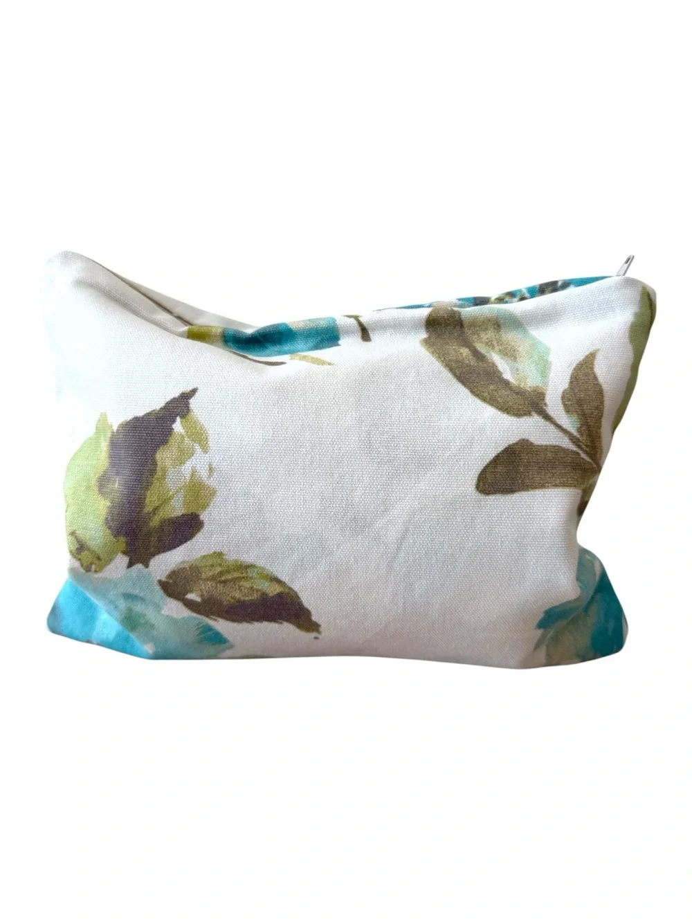 Floral Canvas Cosmetic Pouch in White and Teal